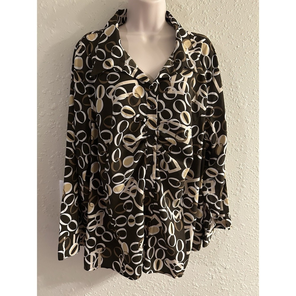Cato Woman Brown Multi Geometric Blouse Plus Size 26/28W Long Sleeve Top